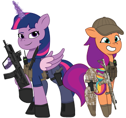 Size: 2441x2289 | Tagged: safe, artist:edy_january, artist:prixy05, edit, vector edit, sunny starscout, twilight sparkle, alicorn, earth pony, pony, g4, g5, my little pony: tell your tale, ar-15, armor, assault rifle, body armor, boots, bullpup rifle, call of duty, call of duty: warzone, camouflage, captain twilight, clothes, combat knife, delta forces, duo, duo female, equipment, female, g4 to g5, gears, generation leap, gloves, gun, handgun, hat, john "soap" mactavish, knife, leader, m1911, m4a1, mateba 2006m, mateba model 6 unica, military, military pony, military uniform, mtar-21, pistol, radio, revolver, rifle, shirt, shoes, simple background, soldier, soldier pony, special forces, sunny and her heroine, tactical, tactical squad, tactical vest, tank top, tar-21, task forces 141, transparent background, twilight sparkle (alicorn), uniform, united states, vector, vest, weapon