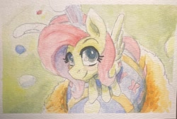 Size: 2048x1376 | Tagged: safe, artist:gorebox, fluttershy, g4, bunny ears, easter, easter egg, grass, grass field, nest, solo, traditional art, watercolor painting