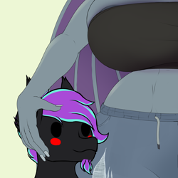 Size: 3038x3038 | Tagged: safe, artist:thehuskylord, oc, oc only, bat pony, anthro, 2024, beady eyes, big breasts, blush sticker, blushing, breasts, clothes, commission, digital art, hand on head, male, midriff, pants, simple background, size difference, smaller male, sweatpants, wide hips, wings, ych result, your character here