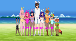 Size: 1920x1048 | Tagged: safe, applejack, fluttershy, pinkie pie, rainbow dash, rarity, twilight sparkle, oc, alien, fox, human, rabbit, anthro, g4, animal, boots, breasts, bunny ears, bunny suit, bunnyshy, busty applejack, busty fluttershy, busty pinkie pie, busty rarity, busty twilight sparkle, canon x oc, cargo shorts, clothes, cowboy boots, cowboy hat, delicious flat chest, easter, group photo, hat, height, height difference, high heel boots, high heels, holiday, humanized, judy hopps, kisekae, lake, legs, legs together, leotard, long legs, long sleeves, nick wilde, pantyhose, rainbow flat, shoes, shorts, stetson, stockings, stupid sexy applejack, stupid sexy fluttershy, stupid sexy pinkie, stupid sexy rainbow dash, stupid sexy rarity, stupid sexy twilight, tallershy, thigh highs, water, zootopia