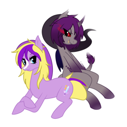 Size: 2000x2000 | Tagged: safe, artist:bonedustz, alicorn, bat pony, bat pony alicorn, earth pony, pony, bat wings, blaze (coat marking), coat markings, colored wings, crossed hooves, dark link, duo, duo male, eye clipping through hair, facial markings, fangs, folded wings, glowing, glowing eyes, gradient lges, gradient mane, gray coat, high res, horn, leonine tail, lidded eyes, long mane, long mane male, long tail, looking at each other, looking at someone, lying, male, ponified, purple coat, purple mane, red eyes, shadow link, simple background, sitting, smiling, smiling at each other, stallion, tail, the legend of zelda, the legend of zelda: four swords, transparent background, two toned amne, two toned tail, vio, wingding eyes, wings
