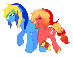 Size: 2000x1571 | Tagged: safe, artist:bonedustz, earth pony, pony, blaze (coat marking), blonde mane, blue coat, blue eyes, cap, coat markings, colored hooves, curly mane, curly tail, duo, duo male, eyes closed, facial markings, frown, gradient mane, gradient tail, hat, height difference, jumping, link, male, narrowed eyes, open mouth, open smile, physique difference, ponified, raised hoof, red coat, simple background, smiling, stallion, tail, the legend of zelda, the legend of zelda: four swords, tied tail, transparent background, two toned mane, unamused, unshorn fetlocks, wingding eyes, yellow mane