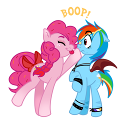 Size: 2000x2000 | Tagged: safe, artist:bonedustz, pinkie pie, rainbow dash, bat pony, earth pony, pony, g4, alternate design, alternate eye color, alternate hairstyle, art trade, bat ponified, blue coat, boop, bow, bracelet, braid, colored eartips, colored eyebrows, colored wings, curly mane, curly tail, duo, duo female, ear fluff, eye clipping through hair, eyebrows, eyebrows visible through hair, eyes closed, eyeshadow, female, freckles, frown, gender headcanon, gradient legs, jewelry, lesbian, makeup, mare, multicolored hair, necklace, nonbinary, nonbinary pride flag, pink coat, pride, pride flag, profile, race swap, rainbow hair, rainbow tail, rainbowbat, red eyes, ship:pinkiedash, shipping, smiling, spread wings, stripes, studded bracelet, tail, tail bow, tied mane, tied tail, tongue out, torn ear, two toned wings, wingding eyes, wings, wristband