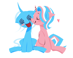 Size: 944x759 | Tagged: safe, artist:bonedustz, starlight glimmer, trixie, pony, unicorn, g4, alternate mane color, alternate tail color, blue coat, blush sticker, blushing, cheek kiss, countershading, curved horn, duo, duo female, eyes closed, female, floating heart, heart, horn, kissing, lesbian, lineless, long mane, long tail, mare, open mouth, open smile, pride, pride flag, profile, raised hoof, ship:startrix, shipping, simple background, sitting, smiling, swirly eyes, t4t, tail, trans day of visibility, trans female, trans trixie, transgender, transgender pride flag, transparent background, two toned mane, two toned tail, unicorn horn, white mane