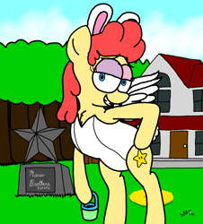 Size: 3023x3351 | Tagged: safe, artist:professorventurer, oc, oc:power star, pegasus, bipedal, bunny suit, chubby, clothes, easter, easter egg, estate, every copy of super mario 64 is personalized, eyeshadow, female, holiday, house, leotard, lidded eyes, looking at you, makeup, mare, pegasus oc, playboy bunny, rule 85, smiling, smiling at you, stanley, statue, super mario 64, when you see it, white leotard