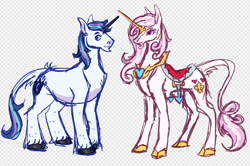 Size: 1137x754 | Tagged: safe, artist:devilbunzz, fleur-de-lis, shining armor, classical unicorn, pony, unicorn, g4, alternate color palette, alternate design, alternate hair color, alternate tail color, alternate tailstyle, alternate universe, beard, blue eyes, blue sclera, checkered background, chest fluff, cloven hooves, coat markings, colored belly, colored hooves, colored horn, colored muzzle, colored pinnae, colored sclera, colored sketch, concave belly, duo, eyelashes, facial hair, female, horn, leonine tail, looking back, male, mare, mother and child, mother and son, multicolored mane, multicolored tail, patterned background, peytral, physique difference, pink eyes, pink mane, pink sclera, pink tail, profile, saddle, shiny hooves, sketch, slender, smiling, stallion, tack, tail, tail fluff, thin, two toned mane, two toned tail, unicorn beard, unicorn horn, unshorn fetlocks, wavy mane, wavy tail, white coat, wingding eyes