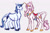 Size: 1137x754 | Tagged: safe, artist:devilbunzz, fleur-de-lis, shining armor, classical unicorn, pony, unicorn, g4, alpha channel, alternate color palette, alternate design, alternate hair color, alternate tail color, alternate tailstyle, alternate universe, beard, blue eyes, blue sclera, chest fluff, cloven hooves, coat markings, colored belly, colored hooves, colored horn, colored muzzle, colored pinnae, colored sclera, colored sketch, concave belly, duo, eyelashes, facial hair, female, horn, leonine tail, looking back, male, mare, mother and child, mother and son, multicolored mane, multicolored tail, patterned background, peytral, physique difference, pink eyes, pink mane, pink sclera, pink tail, profile, saddle, shiny hooves, sketch, slender, smiling, stallion, tack, tail, tail fluff, thin, two toned mane, two toned tail, unicorn beard, unicorn horn, unshorn fetlocks, wavy mane, wavy tail, white coat, wingding eyes