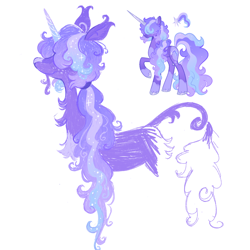 Size: 1408x1406 | Tagged: safe, artist:webkinzworldz, oc, oc only, oc:moon river, classical unicorn, pony, unicorn, g4, beard, blaze (coat marking), butt fluff, chest fluff, chin fluff, cloven hooves, coat markings, colored horn, colored pinnae, colored sketch, curly mane, curly tail, ear fluff, ear tufts, ethereal mane, facial hair, facial markings, female, freckles, gradient horn, hair over eyes, horn, leonine tail, lineless, magical lesbian spawn, mare, offspring, parent:princess luna, parent:twilight sparkle, parents:twiluna, ponytail, profile, purple coat, simple background, sketch, smiling, snip (coat marking), solo, sparkly mane, starry mane, tail, tied mane, unicorn beard, unicorn horn, unicorn oc, unshorn fetlocks, white background