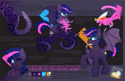 Size: 1230x799 | Tagged: safe, artist:skulljooce, oc, oc:neon nightcap, bat pony, monster pony, original species, pony, tentacle pony, alcohol, bartender, drink, fangs, male, mandibles, reference sheet, solo, suction cup, tentacles