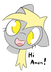 Size: 390x556 | Tagged: safe, artist:castafae, derpy hooves, pegasus, pony, g4, bust, dialogue, female, floppy ears, implied anon, mare, open mouth, open smile, simple background, smiling, solo, white background