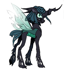 Size: 685x775 | Tagged: safe, artist:emptygoldstudio, queen chrysalis, changeling, changeling queen, g4, alternate hairstyle, concave belly, female, gritted teeth, lanky, looking at you, looking back, looking back at you, short mane, simple background, skinny, solo, tall, teeth, thin, white background