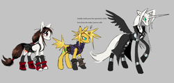 Size: 2058x984 | Tagged: safe, artist:worm, oc, alicorn, earth pony, pony, unicorn, alicorn oc, armor, boots, clothes, cloud strife, concave belly, ear piercing, earring, female, final fantasy, final fantasy vii, gloves, gray background, height difference, horn, jewelry, long horn, male, mare, piercing, ponified, sephiroth, shoes, simple background, slender, spread wings, stallion, tall, thin, tifa lockhart, trenchcoat, trio, wings