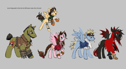 Size: 1944x1067 | Tagged: safe, artist:worm, alicorn, bat pony, earth pony, pegasus, pony, aerith gainsborough, barret wallace, bracelet, buff, cid highwind, cigarette, clothes, diverse body types, ear piercing, earring, female, final fantasy, final fantasy vii, goggles, goggles on head, gray background, jewelry, lidded eyes, male, mare, minigun, muscles, open mouth, open smile, physique difference, piercing, ponified, shirt, simple background, slender, smiling, spread wings, stallion, thin, vincent valentine, wings, yuffie kisaragi