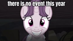 Size: 1258x720 | Tagged: safe, edit, edited screencap, screencap, sugar belle, pony, unicorn, g4, the cutie map, april fools 2024, avatar the last airbender, basement, caption, creepy, creepy smile, cult, dialogue, equalized, equalized mane, false smile, female, horn, image macro, lies, looking at you, mare, smiling, solo, text, wide smile