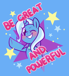 Size: 926x1020 | Tagged: safe, artist:paperbagpony, derpibooru exclusive, trixie, pony, unicorn, g4, blue background, blush lines, blushing, female, great and powerful, grin, horn, looking at you, mare, one eye closed, outstretched hoof, simple background, smiling, solo, stars, wink, winking at you