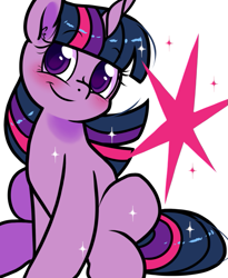 Size: 657x802 | Tagged: safe, artist:paperbagpony, twilight sparkle, pony, unicorn, g4, cute, female, horn, looking at you, mare, simple background, smiling, smiling at you, solo, sparkles, twiabetes, unicorn twilight, white background