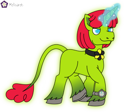 Size: 4414x4000 | Tagged: safe, artist:melisareb, oc, oc only, oc:radiante radium, original species, pony, radioactive pony, unicorn, .svg available, absurd resolution, choker, element pony, female, glowing, glowing horn, horn, leonine tail, lidded eyes, magic, magic aura, mare, ponified, radioactive, simple background, solo, tail, transparent background, unshorn fetlocks, vector, walking, watch
