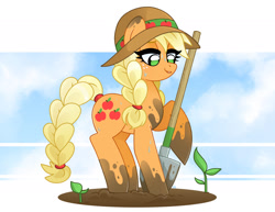 Size: 1750x1350 | Tagged: safe, artist:vivian reed, applejack, earth pony, pony, g4, alternate hairstyle, braid, braided tail, cottagecore, dirty, female, hat, lidded eyes, looking down, mare, plant, shovel, smiling, solo, sun hat, sweat, tail