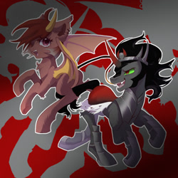 Size: 1080x1080 | Tagged: safe, artist:肆万, king sombra, oc, bat pony, pony, unicorn, g4, chest fluff, duo, ear piercing, horn, looking at someone, male, open mouth, piercing, stallion