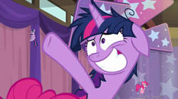 Size: 1279x718 | Tagged: safe, edit, edited screencap, editor:melisareb, screencap, pinkie pie, twilight sparkle, alicorn, pony, a trivial pursuit, g4, crossed hooves, female, floppy ears, grin, jumping, mare, messy mane, meta, nervous, nervous smile, obsessed, pixel art, pointing, self paradox, self ponidox, shrunken pupils, smiling, sprite, trivia trot, twilight snapple, twilight sparkle (alicorn), twilighting, wide smile