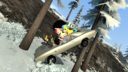 Size: 1920x1080 | Tagged: oc name needed, safe, oc, oc only, oc:sour cherry, 3d, black coat, blue mane, car, car crash, clothes, crash landing, dodge (car), driving, gmod, gray coat, kneesocks, looking at you, red mane, snow, snowy background, socks, source engine, source filmmaker, stockings, striped socks, thigh highs, video game, yellow coat, yellow mane