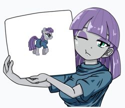 Size: 1079x931 | Tagged: safe, artist:batipin, edit, maud pie, earth pony, human, pony, equestria girls, g4, april fools 2024, female, human ponidox, mare, one eye closed, pixel art, self paradox, self ponidox, simple background, solo, white background