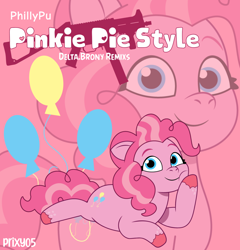 Size: 1194x1242 | Tagged: safe, artist:edy_january, artist:phillypu, artist:prixy05, edit, editor:edy_january, vector edit, pinkie pie, earth pony, pony, g4, g5, my little pony: tell your tale, album, album cover, delta brony, g4 to g5, generation leap, gun, music, pink background, pinkie pie's cutie mark, remix, simple background, solo, song, submachinegun, ump45, vector, vector used, weapon