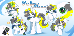 Size: 7751x3856 | Tagged: safe, artist:vanilla-chan, oc, oc only, oc:yellowglaze, pony, unicorn, chest fluff, ear fluff, female, horn, magic, reference sheet, simple background, tail, telekinesis, two toned mane, two toned tail, unicorn oc