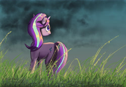 Size: 5725x3953 | Tagged: safe, starlight glimmer, pony, unicorn, g4, cloud, cloudy, female, grass, happy, horn, mare, solo