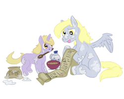 Size: 600x480 | Tagged: artist needed, safe, derpy hooves, dinky hooves, pegasus, unicorn, g4, baking, cooking, cute, female, food, horn, mother and child, mother and daughter, muffin, simple background, tongue out, transparent background