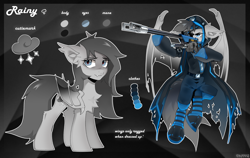 Size: 3000x1900 | Tagged: safe, artist:zlatavector, oc, oc only, oc:rainy, bat pony, pony, bat pony oc, clothes, commission, cutie mark, female, palette swap, recolor, reference sheet, solo, spread wings, weapon, wings