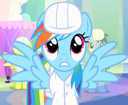 Size: 875x720 | Tagged: safe, screencap, rainbow dash, pegasus, pony, g4, season 1, sonic rainboom (episode), clothes, female, frown, looking up, mare, spread wings, weather factory, weather factory uniform, wings