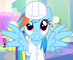 Size: 875x720 | Tagged: safe, screencap, blues, noteworthy, parasol, rainbow dash, pegasus, pony, g4, season 1, sonic rainboom (episode), clothes, female, frown, looking up, mare, spread wings, weather factory, weather factory uniform, wings