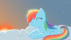 Size: 1920x1080 | Tagged: safe, rainbow dash, pegasus, pony, g4, artifact, cloud, cloudy, eyes closed, female, grin, lying down, lying on a cloud, on a cloud, smiling, solo, stars, sunset, wallpaper