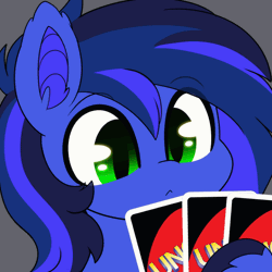 Size: 560x560 | Tagged: safe, artist:sakukitty, oc, oc only, oc:guard cobalt flash, bat pony, animated, bat pony oc, commission, eye clipping through hair, male, no u, playing card, smug, solo, uno, uno reverse card, ych result