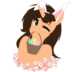 Size: 3000x3000 | Tagged: safe, artist:xcinnamon-twistx, oc, oc only, oc:small brooke, pony, unicorn, :3, basket, bunny ears, commission, easter, easter basket, easter egg, egg, flower, holiday, horn, mouth hold, one eye closed, simple background, solo, transparent background, wink, ych result