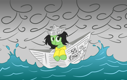 Size: 1362x861 | Tagged: safe, artist:dhm, oc, oc only, oc:filly anon, pony, boat, cloud, cute, digital art, female, filly, hat, looking at you, newspaper, ocean, overcast, paper boat, paper hat, raincoat, sailing, slur, solo, splash, storm, water, wave
