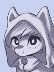 Size: 433x583 | Tagged: safe, artist:mrscroup, oc, oc:eathelin, pony, equestria at war mod, black and white, bust, cat ears, clothes, cute, female, grayscale, hood, looking at you, mare, monochrome, smiling, smiling at you, solo