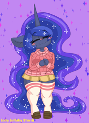 Size: 792x1093 | Tagged: safe, artist:ladylullabystar, princess luna, alicorn, anthro, g4, blushing, chibi, clothes, cute, ethereal mane, eyes closed, female, lunabetes, mare, shoes, skirt, smiling, socks, solo, starry mane, starry tail, stockings, sweater, tail, thigh highs