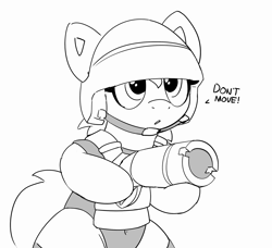 Size: 2019x1839 | Tagged: safe, artist:pabbley, pony, semi-anthro, armor, clothes, female, gloves, gun, helmet, monochrome, simple background, soldier, soldier pony, solo, weapon, white background