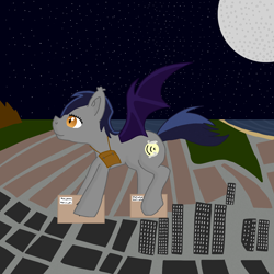 Size: 1500x1500 | Tagged: safe, artist:xada, oc, oc only, oc:echo, bat pony, pony, amber eyes, bat ears, bat eyes, city, cityscape, flying, gradient eyes, hill, hoof hold, lake, moon, night, package, purse, solo, tail, two toned mane, two toned tail, water