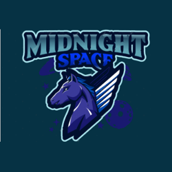 Size: 335x335 | Tagged: safe, artist:mlpfantealmintmoonrise, oc, oc only, oc:midnight space, pegasus, april fools 2024, colored wings, font, gradient wings, logo, male, name, patterned background, stallion, text, wings