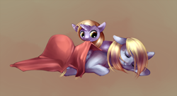 Size: 1050x570 | Tagged: safe, artist:zanthu, derpy hooves, dinky hooves, pegasus, unicorn, g4, blanket, female, filly, foal, horn, mare, mother and child, mother and daughter, sleeping