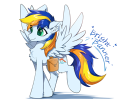 Size: 2337x1891 | Tagged: safe, artist:gale spark, oc, oc:bright banner, pegasus, pony, bag, chest fluff, eye clipping through hair, pegasus oc, saddle bag, simple background, solo, white background