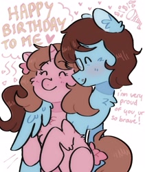 Size: 1351x1599 | Tagged: safe, oc, oc only, pegasus, pony, unicorn, birthday, blue coat, brown hair, brown mane, couple, duo, duo male and female, eyes closed, female, glasses, horn, hug, hugging a pony, love, male, pegasus oc, pink coat, purple coat, shipping, unicorn oc