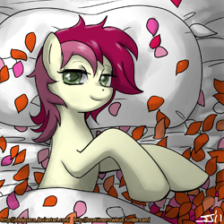 Size: 900x900 | Tagged: safe, alternate version, artist:johnjoseco, roseluck, earth pony, pony, g4, adobe imageready, bed, female, flower, looking at you, mare, morning ponies, pillow, rose, rose petals, smiling, solo