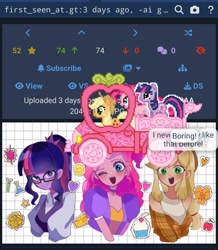 Size: 1080x1236 | Tagged: safe, artist:m09160, applejack, pinkie pie, sci-twi, twilight sparkle, earth pony, human, unicorn, derpibooru, equestria girls, g4, april fools, april fools 2024, female, grid, horn, meta, screenshots, sticker