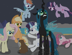 Size: 6500x5000 | Tagged: safe, artist:creepycutiemark, applejack, fluttershy, mean applejack, mean fluttershy, mean pinkie pie, mean rainbow dash, mean rarity, mean twilight sparkle, pinkie pie, queen chrysalis, rainbow dash, rarity, twilight sparkle, alicorn, beaver, changeling, changeling queen, earth pony, pegasus, pony, unicorn, g4, the mean 6, clone, compass, glowing, glowing horn, horn, lake, mountain, night, stars, water, wings