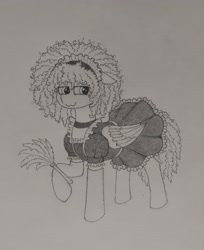 Size: 2945x3617 | Tagged: safe, artist:curly horse, oc, pegasus, pony, :3, clothes, cosplay, costume, curly hair, curly mane, curly tail, cute, duster, fluffy, high res, maid, maid headdress, male, pencil drawing, simple background, socks, solo, stallion, tail, traditional art, white background