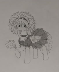 Size: 2945x3617 | Tagged: safe, artist:curly horse, oc, oc:curly, pegasus, pony, :3, clothes, cosplay, costume, curly hair, curly mane, curly tail, cute, duster, fluffy, high res, maid, maid headdress, male, pencil drawing, simple background, socks, solo, stallion, tail, traditional art, white background